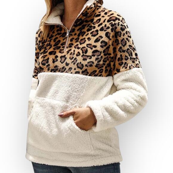 Leopard Print Sherpa Quarter Zip Pullover Hoodie Ivory Fleece Women’s Small - Picture 2 of 9